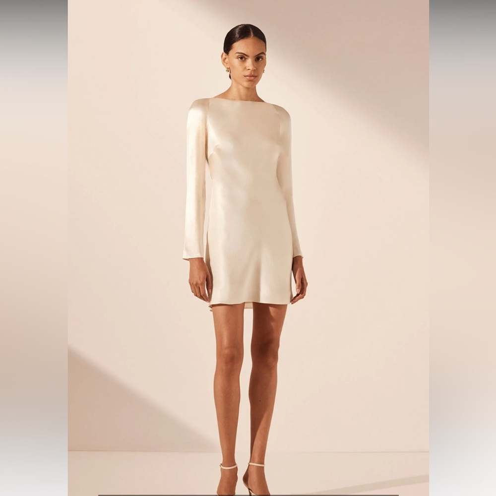 Shona Joy La Lune cream satin silky dress long sleeve open back 4